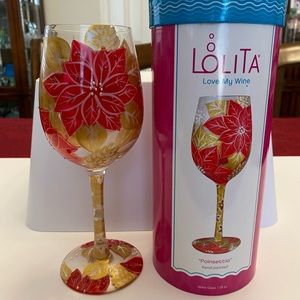 Lolita Poinsettia Love My Wine Cocktail Drinking Glass Hand Painted 15oz NIB
